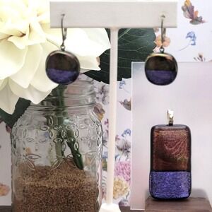 Handcrafted‎ Dichroic Glass Pendant & Earring Set Dangle Drop Multicolor Sparkle